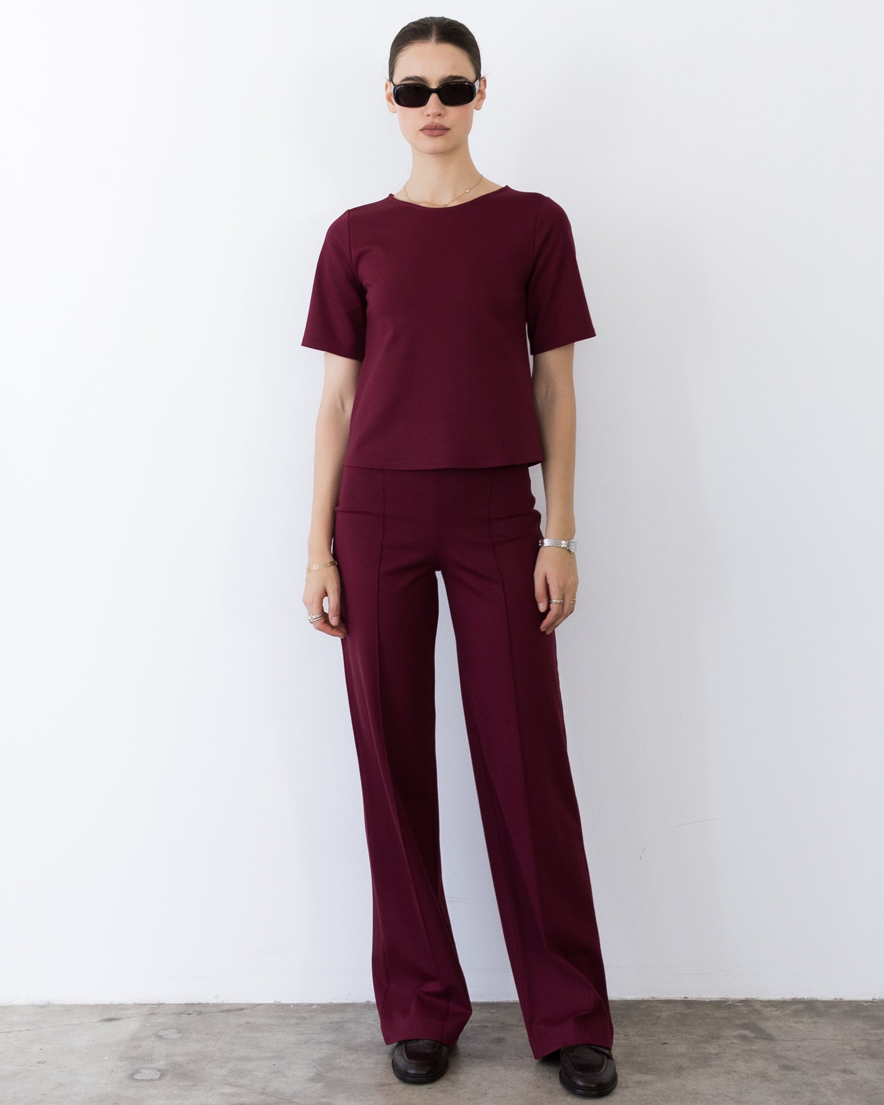 Wine Ponte Knit Long Straight Leg Pant