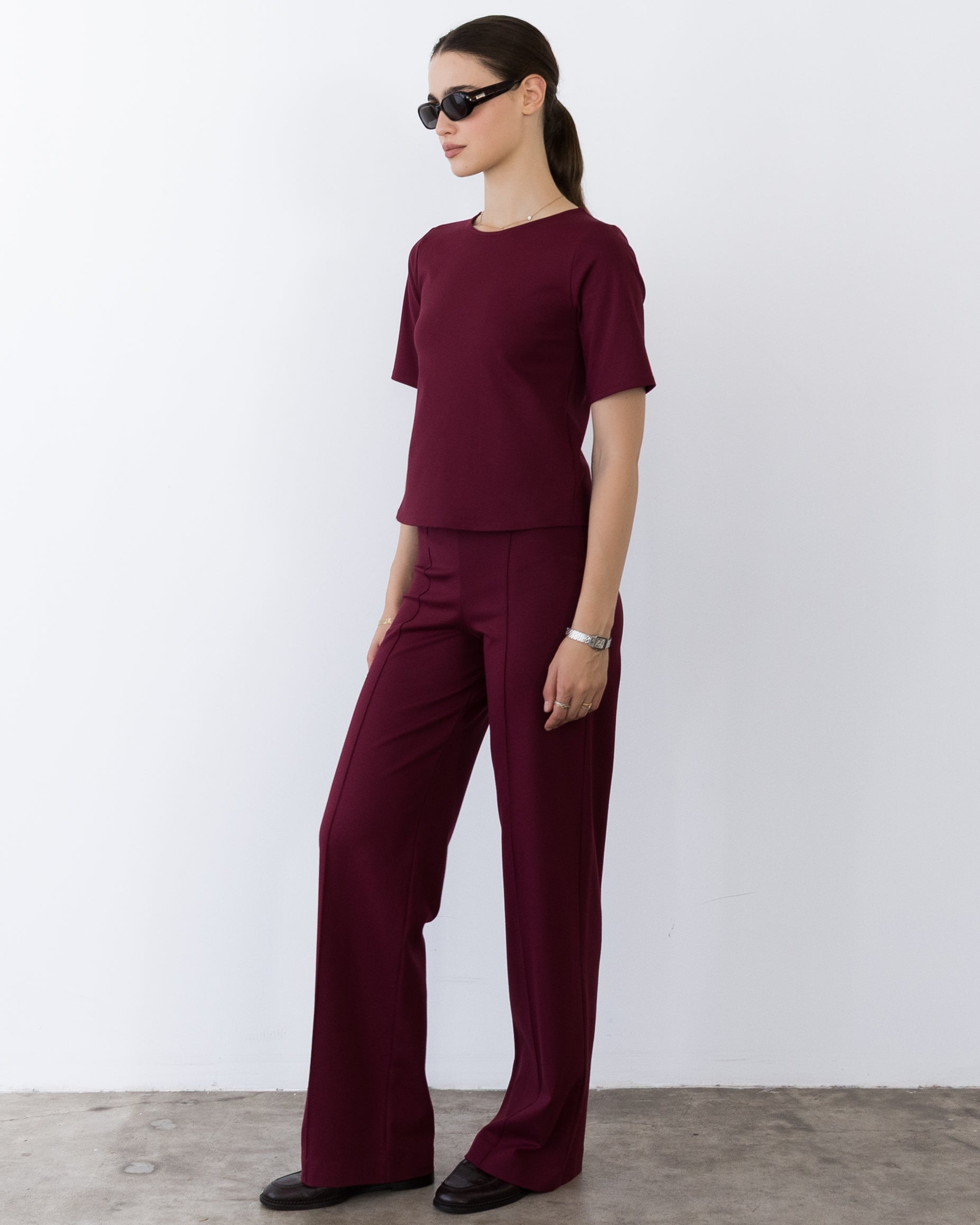 Wine Ponte Knit Long Straight Leg Pant