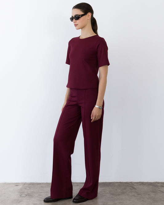 Wine Ponte Knit Long Straight Leg Pant