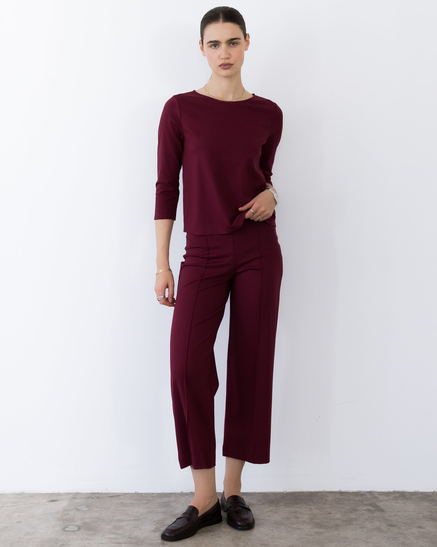 Wine Ponte Knit Cropped Straight Leg Pant