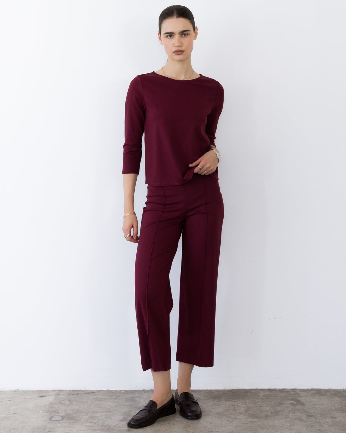 Wine Ponte Knit Cropped Straight Leg Pant