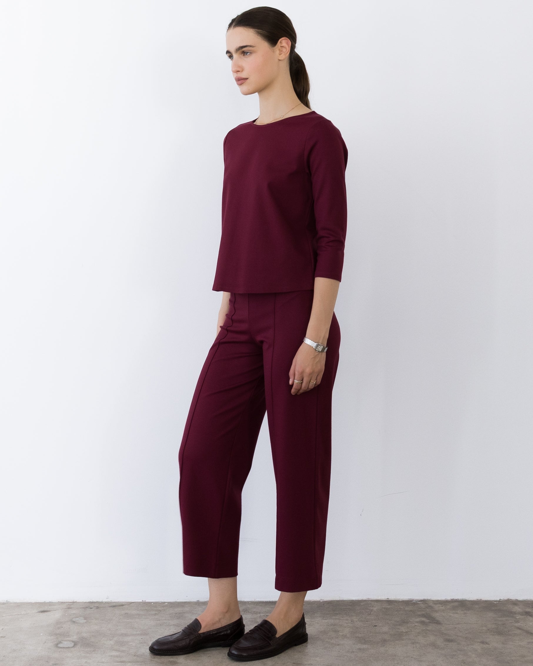 Wine Ponte Knit 3/4 Sleeve Top