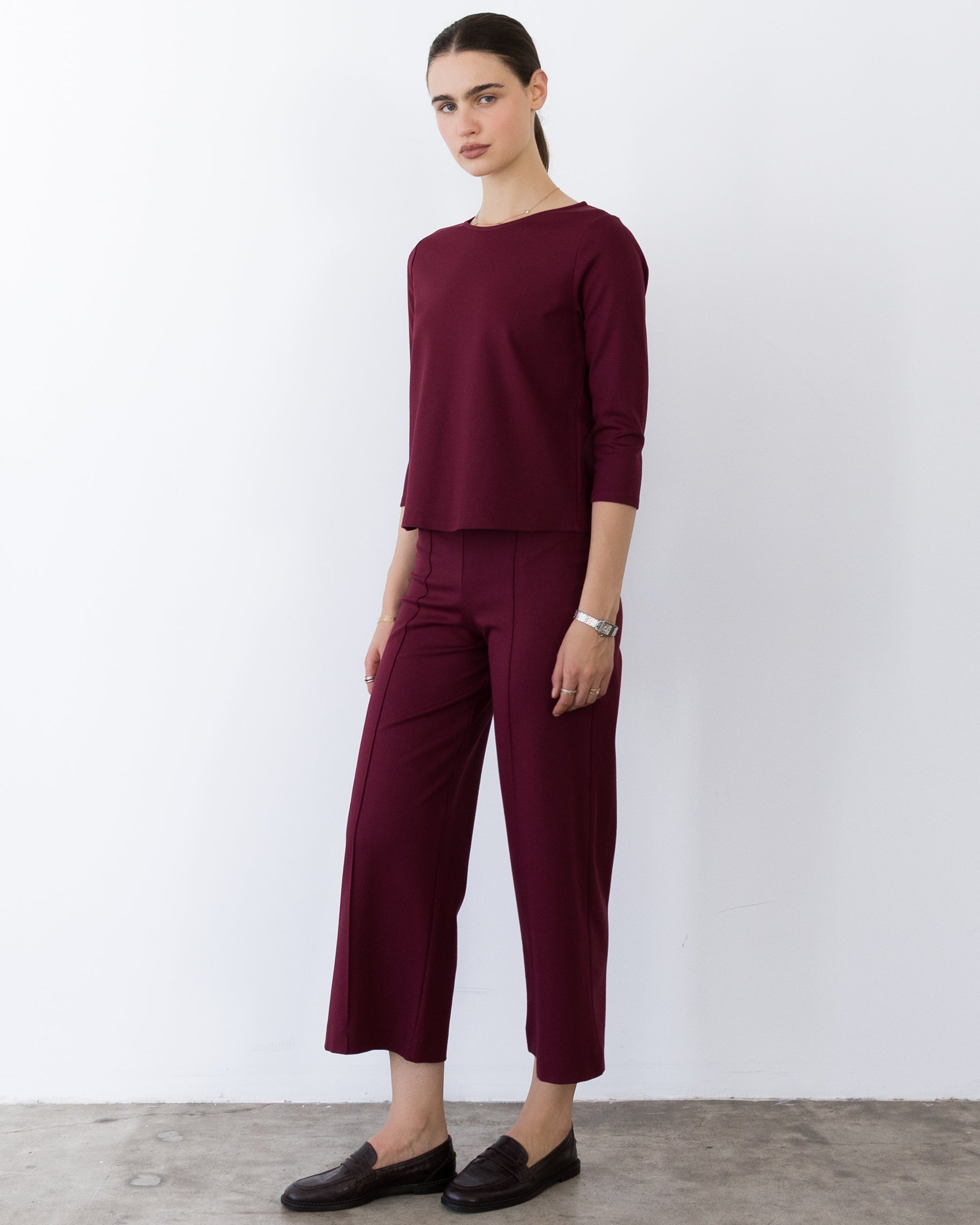Wine Ponte Knit Cropped Straight Leg Pant