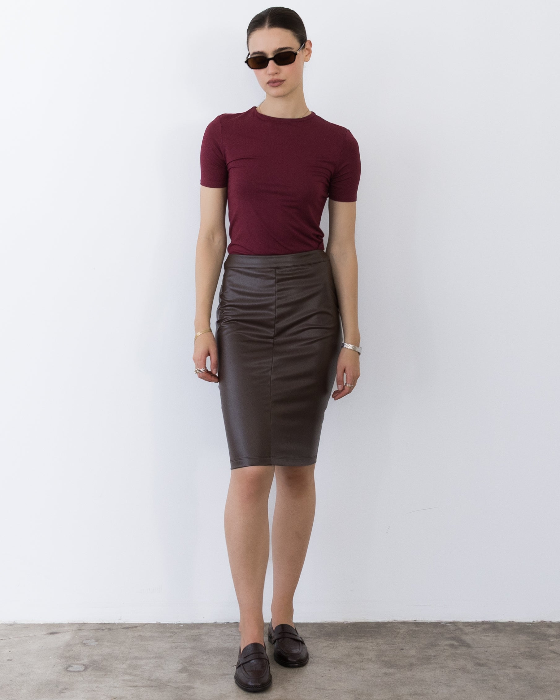 Coffee Vegan Leather Pencil Skirt