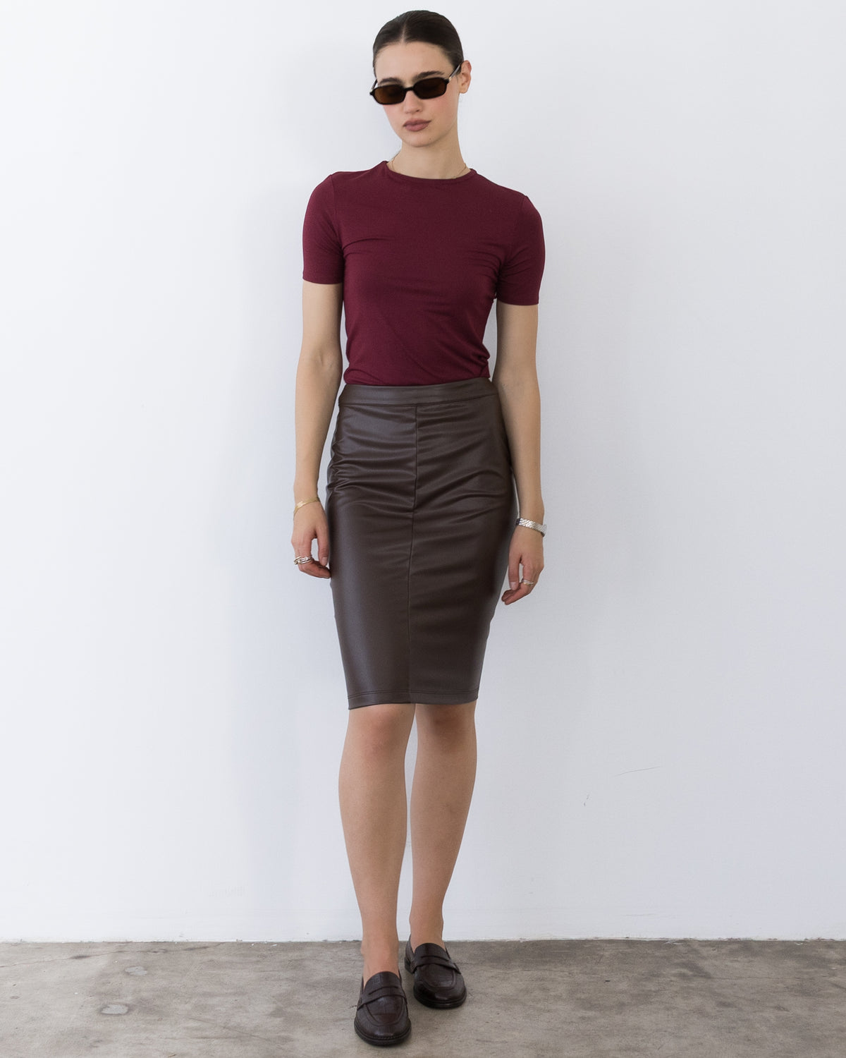 Coffee Vegan Leather Pencil Skirt