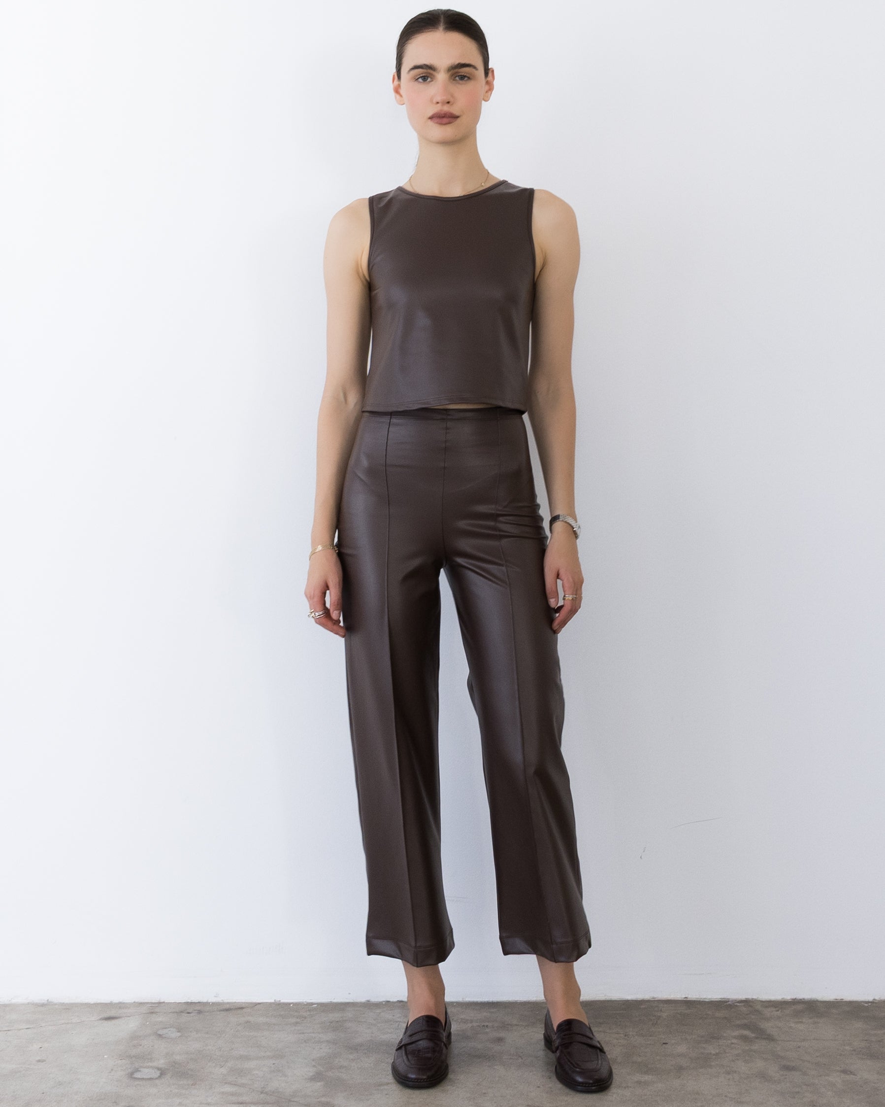 Coffee Vegan Leather Cropped Straight Leg Pant