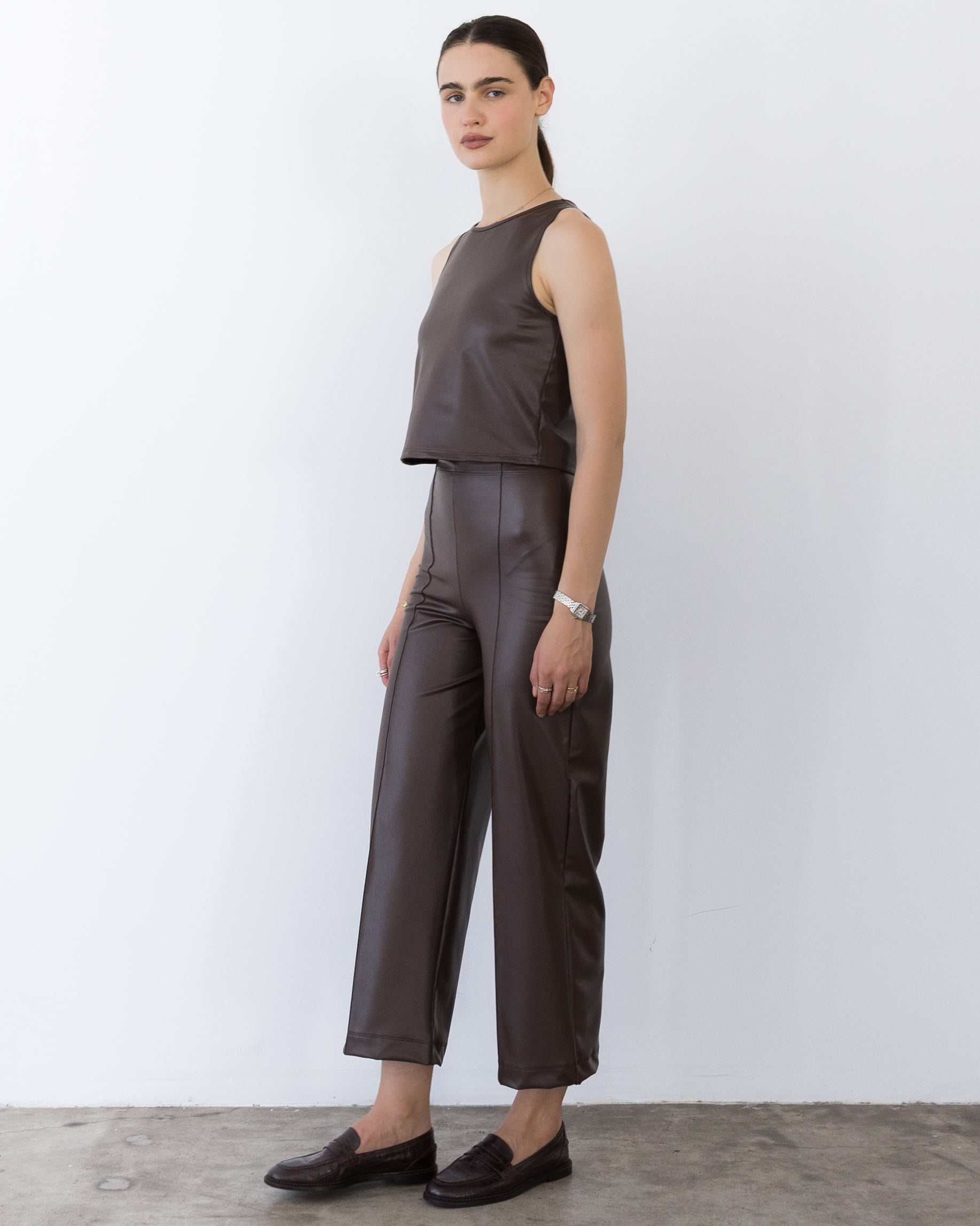 Coffee Vegan Leather Cropped Straight Leg Pant