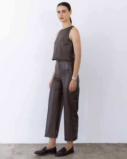 Coffee Vegan Leather Cropped Straight Leg Pant