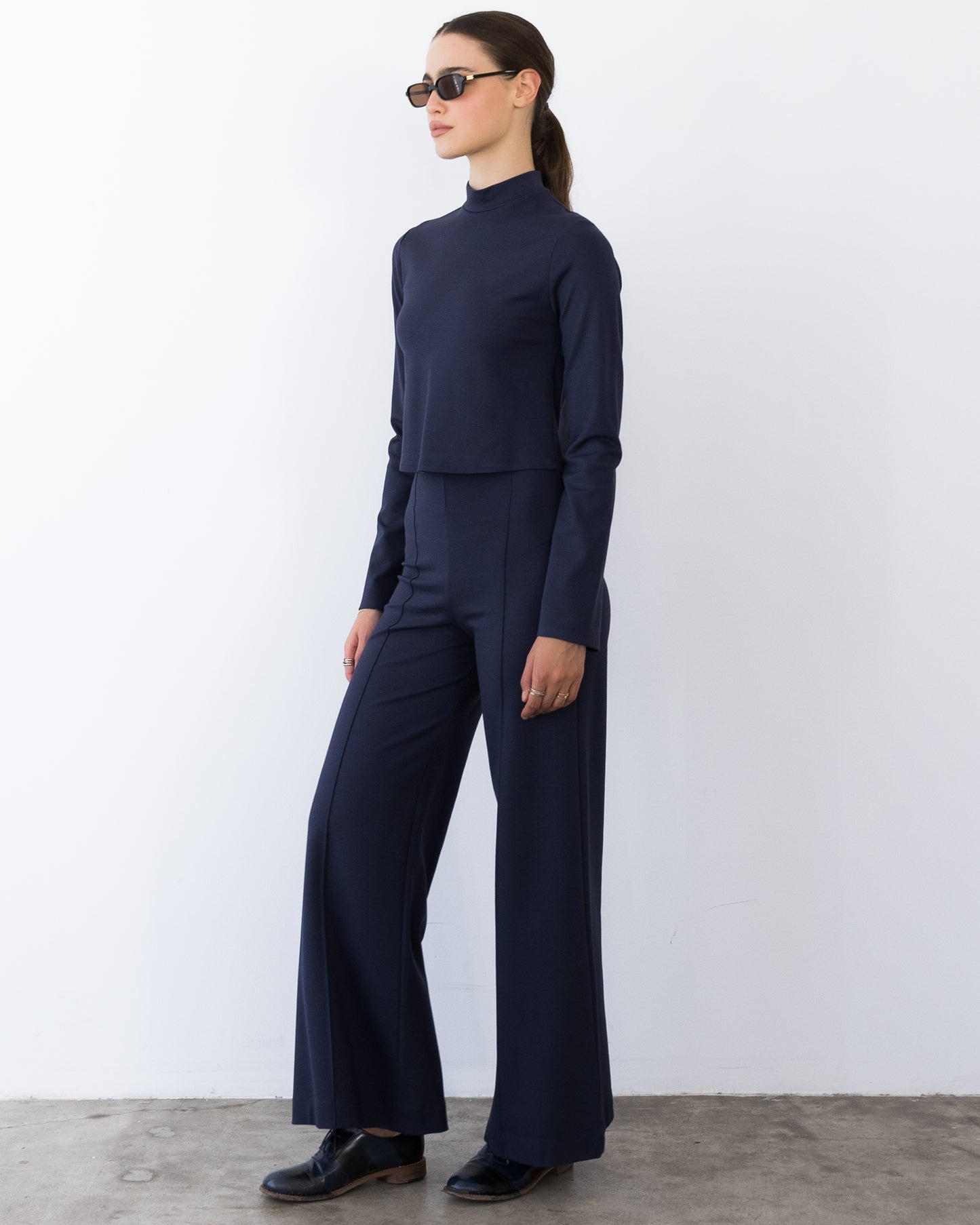 Navy Ponte Knit Mock Turtleneck