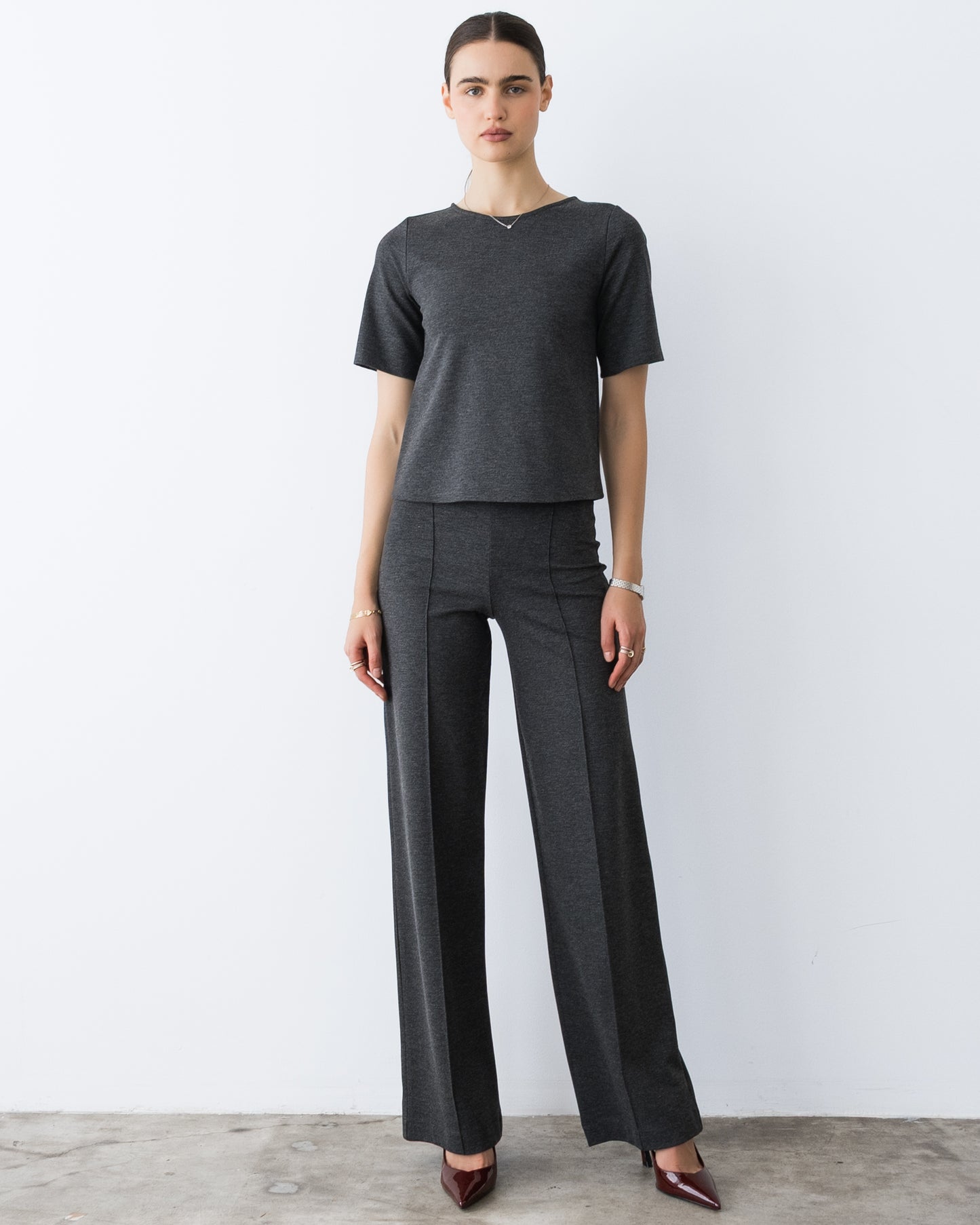 Charcoal Ponte Knit Long Straight Leg Pant