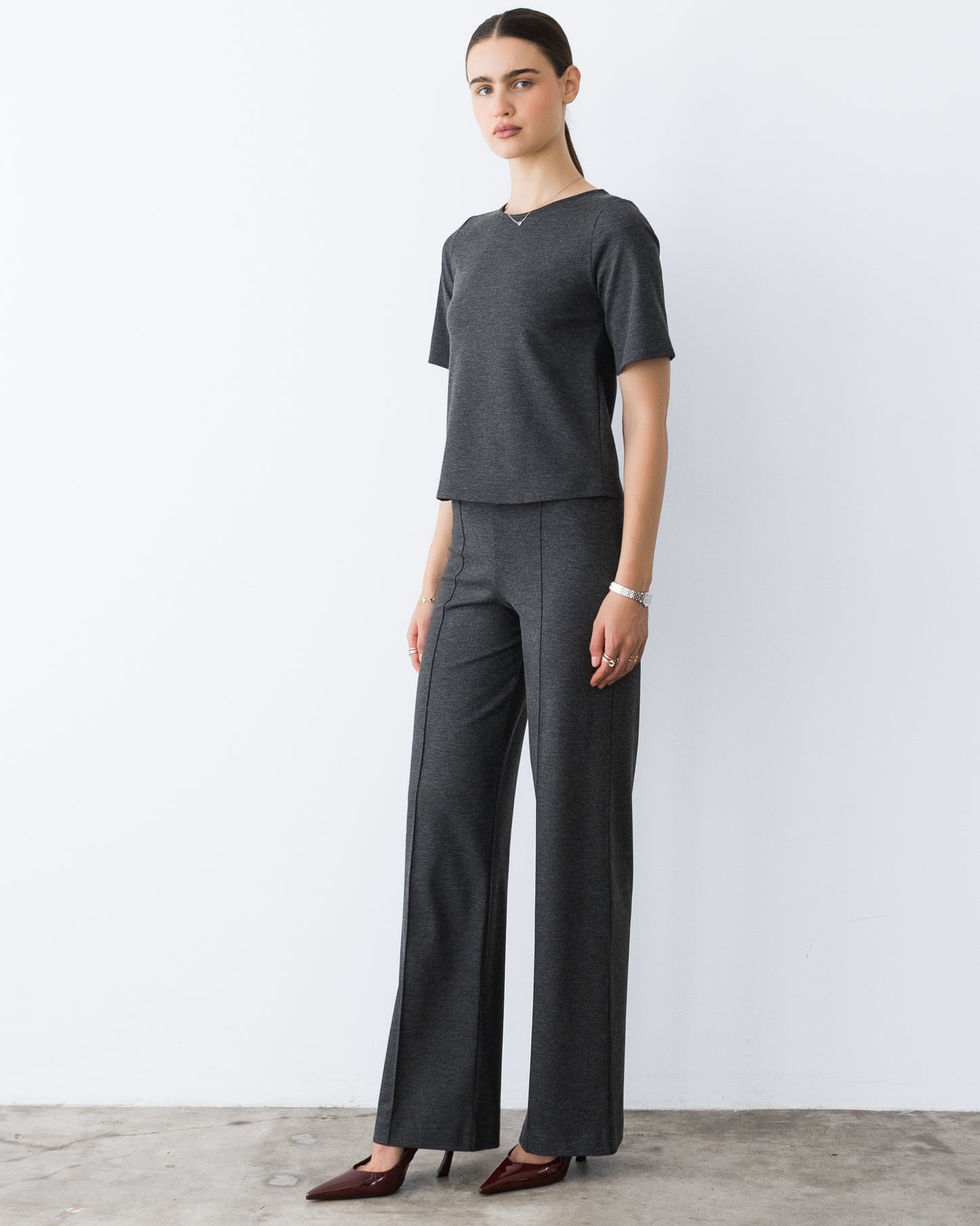 Charcoal Ponte Knit Extended Short Sleeve Top