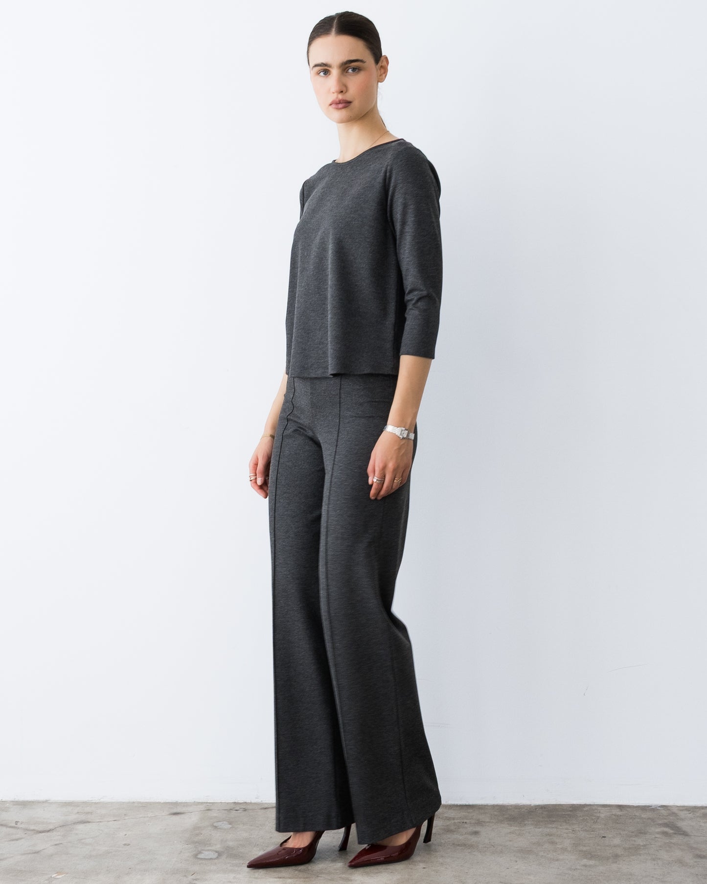 Charcoal Ponte Knit 3/4 Sleeve Top