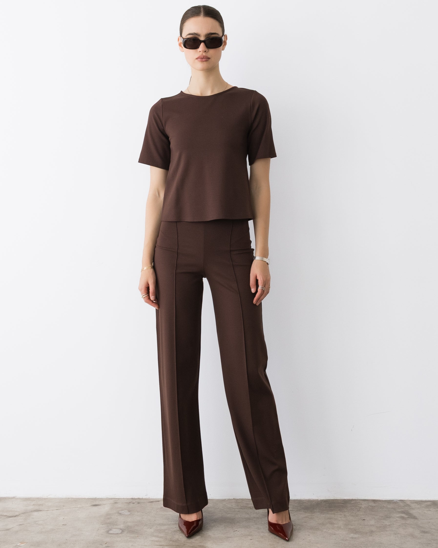 Chocolate Ponte Knit Long Straight Leg Pant