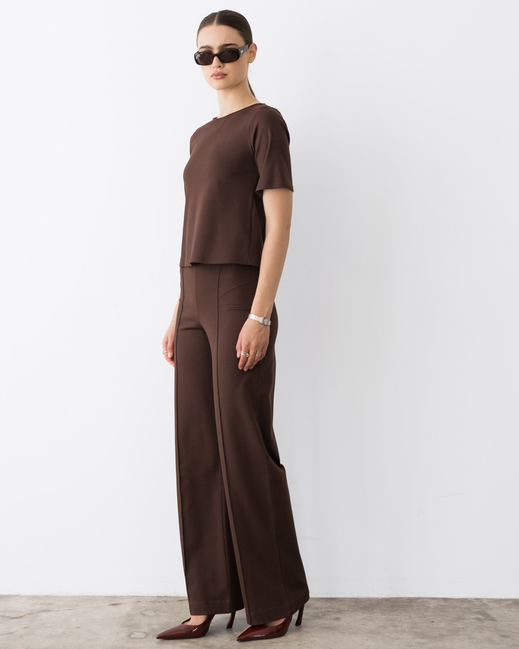 Chocolate Ponte Knit Long Straight Leg Pant