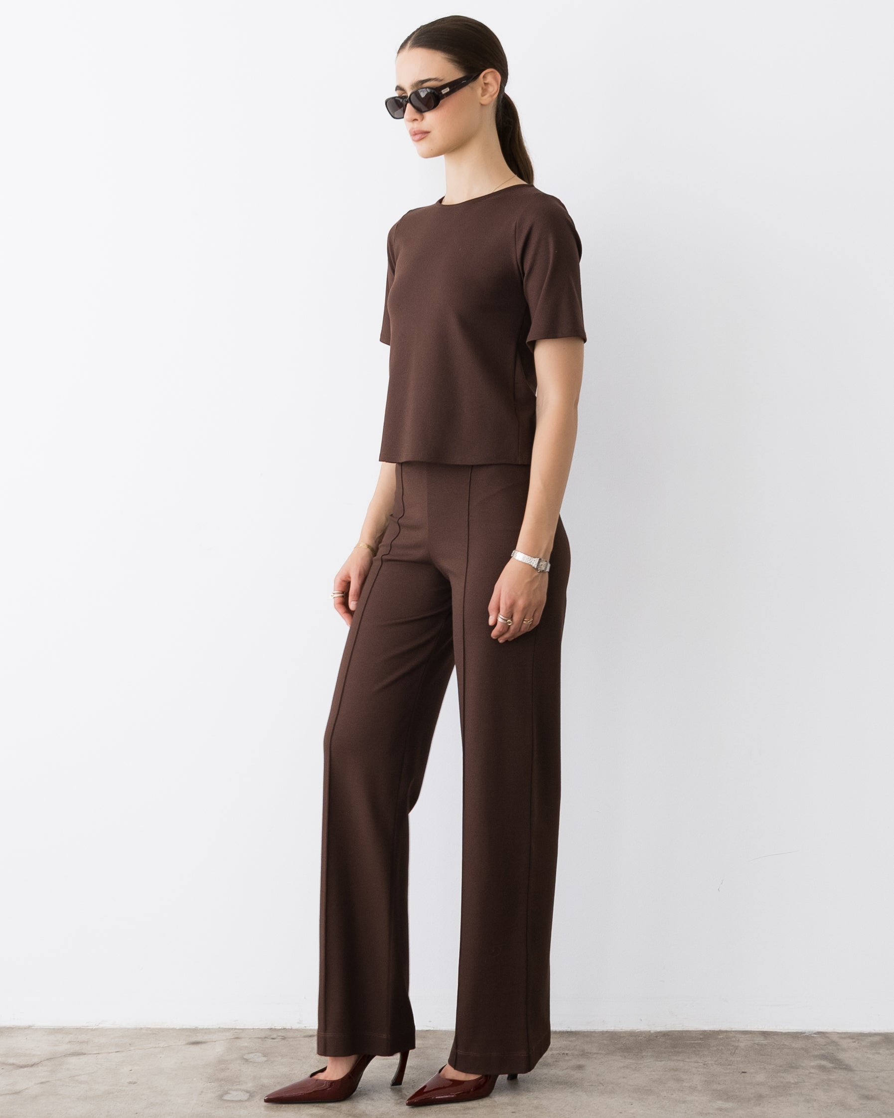 Chocolate Ponte Knit Extended Short Sleeve Top