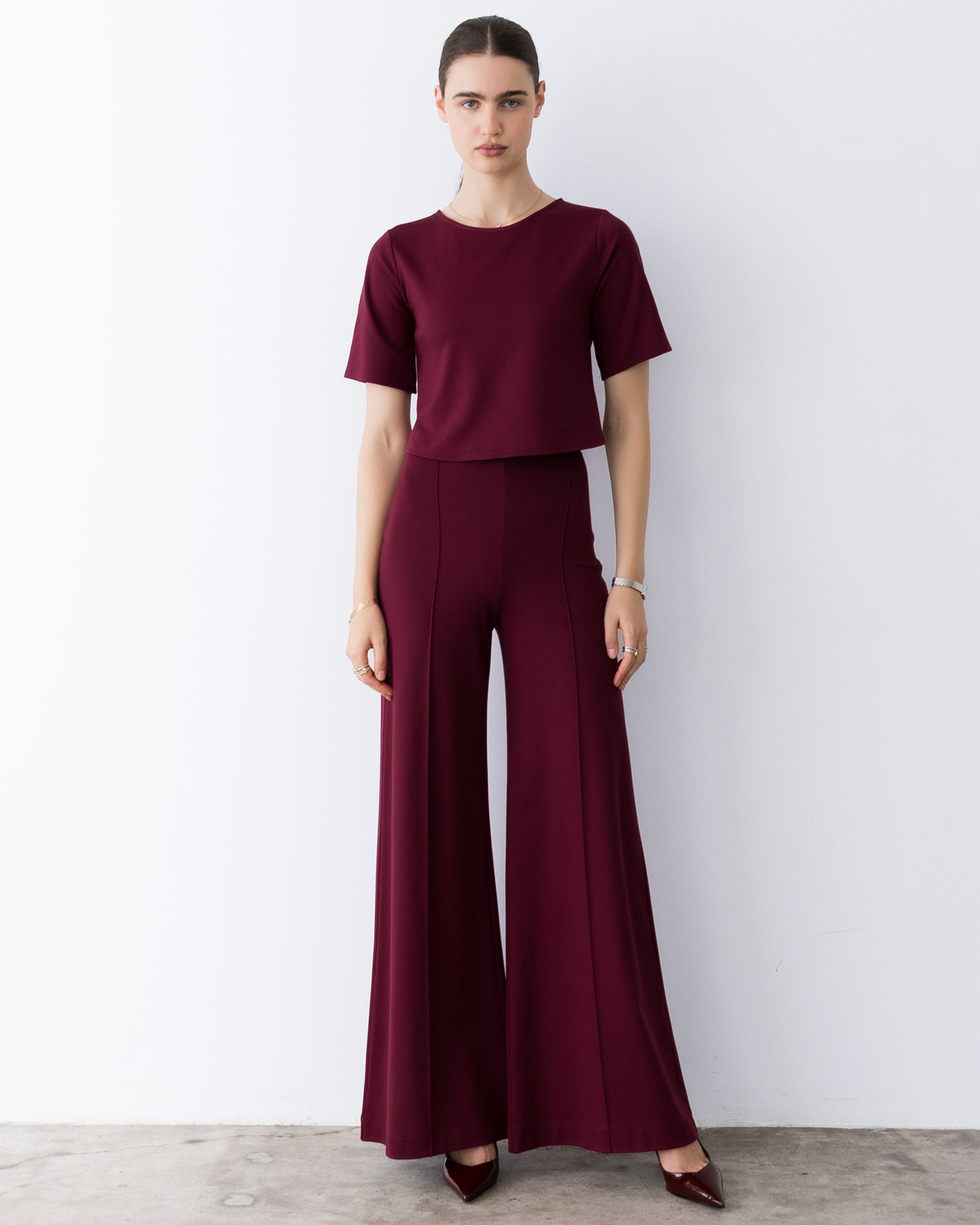 Wine Ponte Knit Long Wide Leg Pant