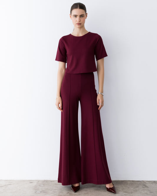 Wine Ponte Knit Long Wide Leg Pant