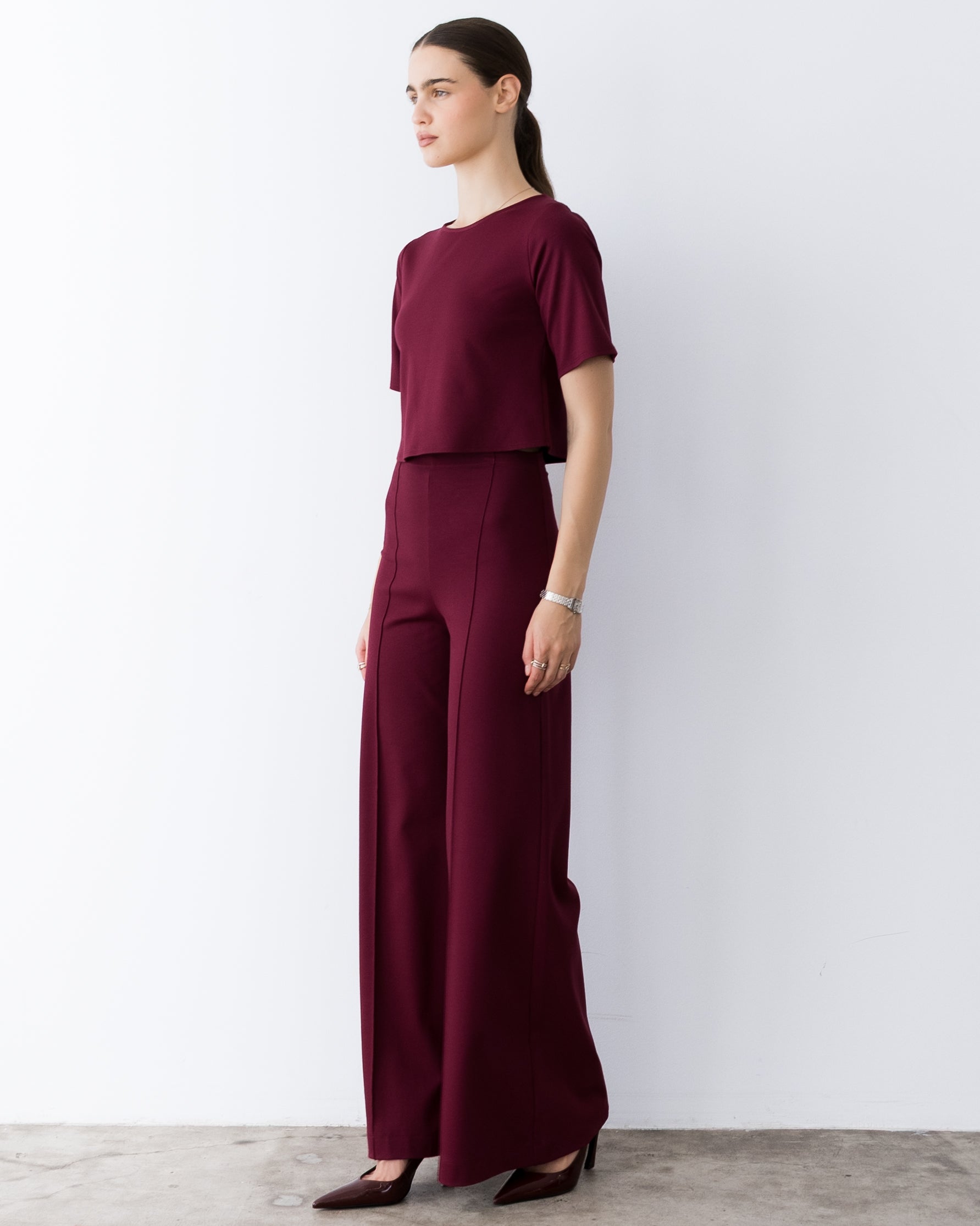 Wine Ponte Knit Short Sleeve Top