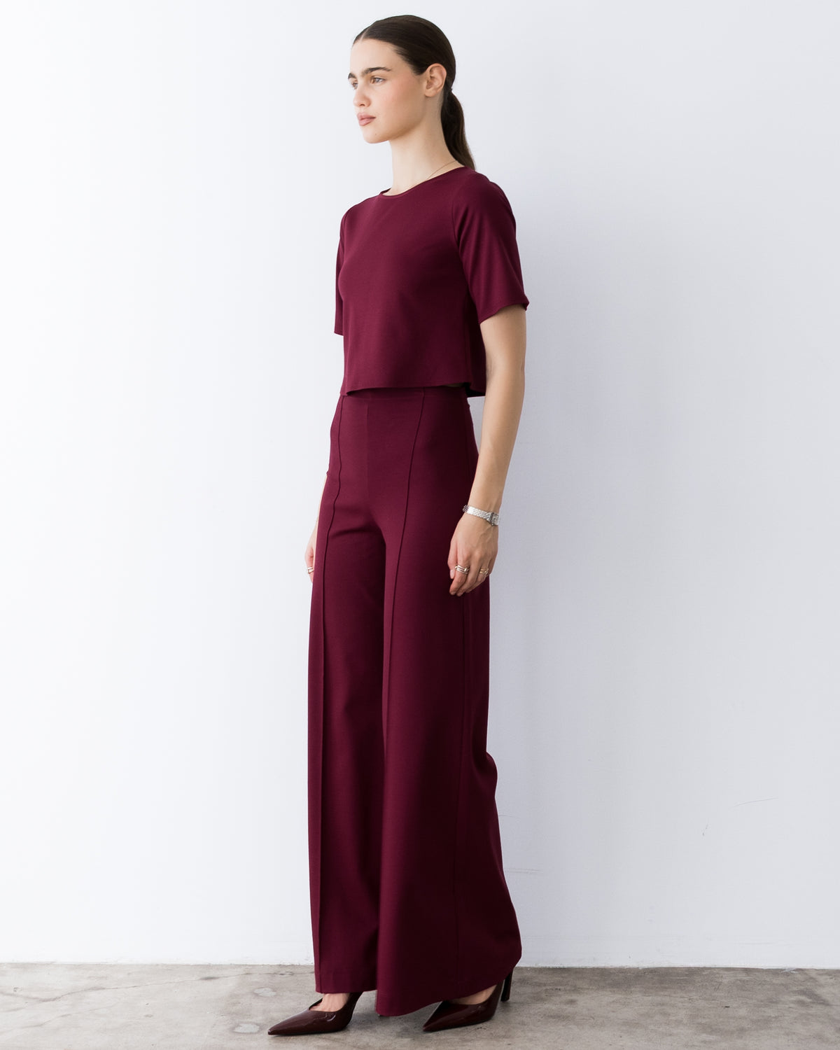 Wine Ponte Knit Short Sleeve Top