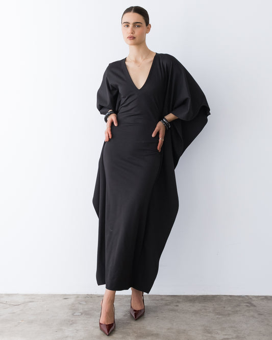 Black Ponte Knit Fitted Caftan Gown