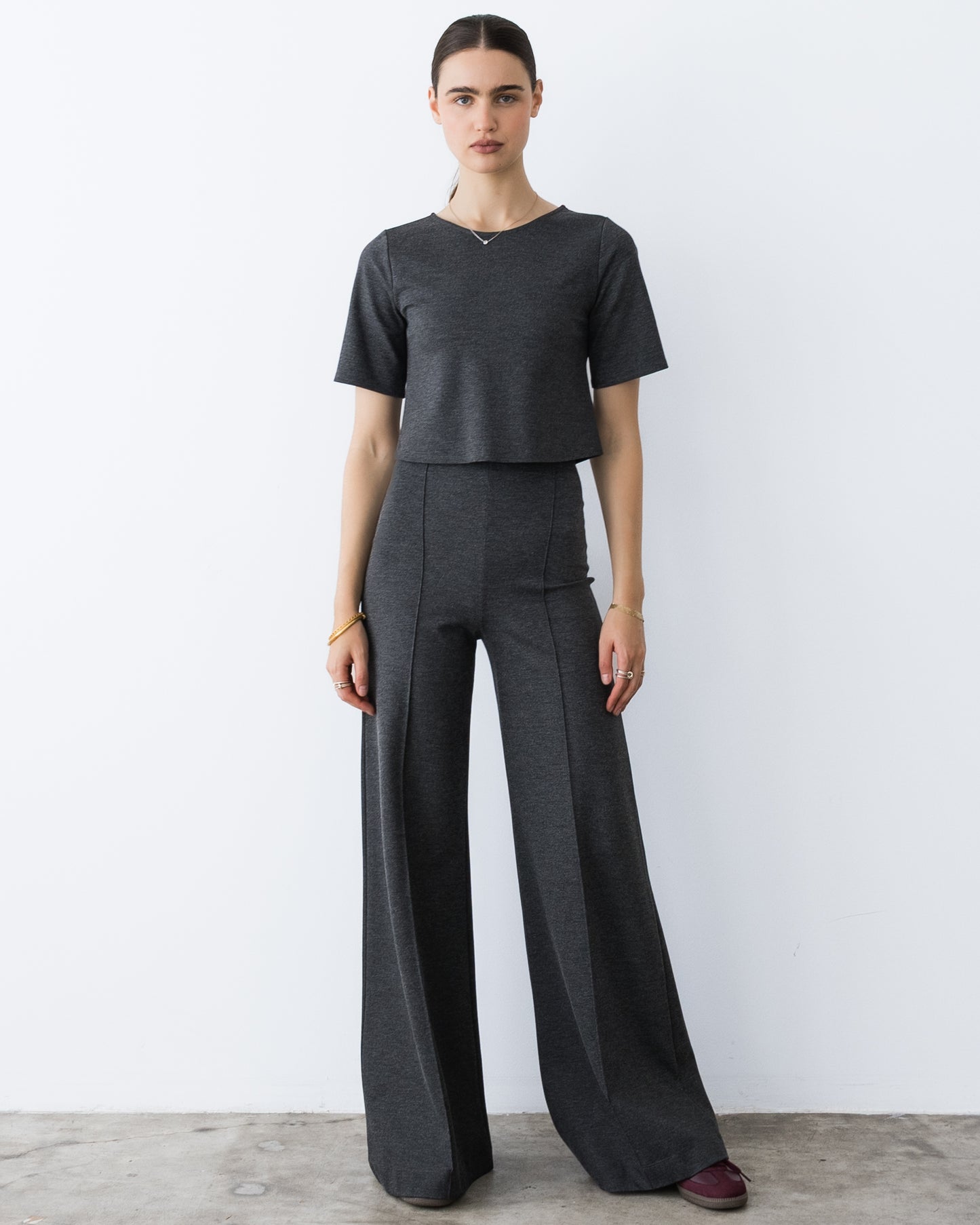 Charcoal Ponte Knit Long Wide Leg Pant