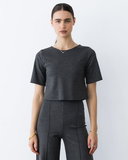 Charcoal Ponte Knit Short Sleeve Top