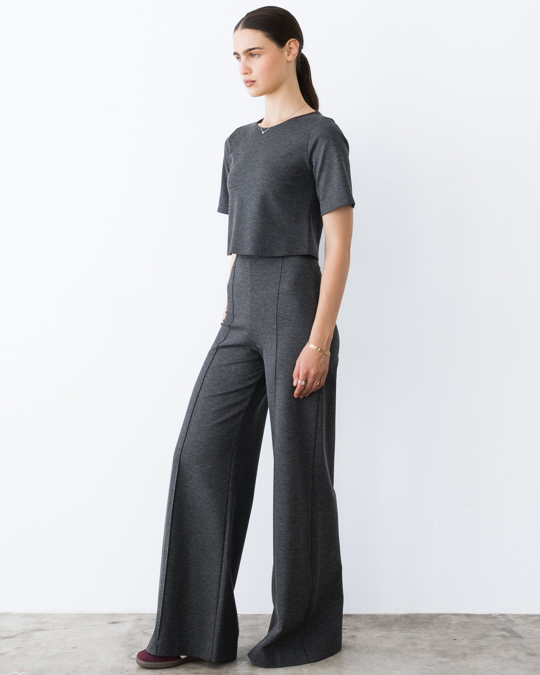 Charcoal Ponte Knit Long Wide Leg Pant