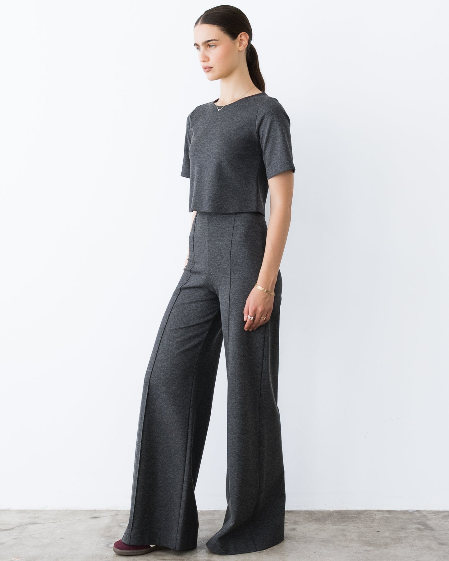 Charcoal Ponte Knit Long Wide Leg Pant