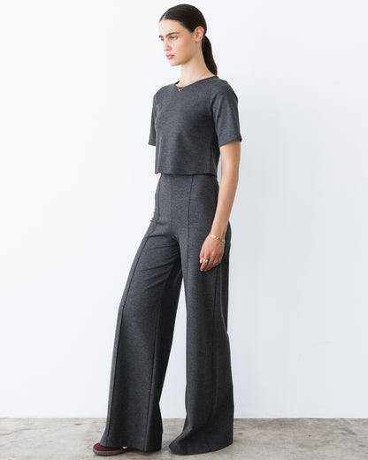 Charcoal Ponte Knit Long Wide Leg Pant