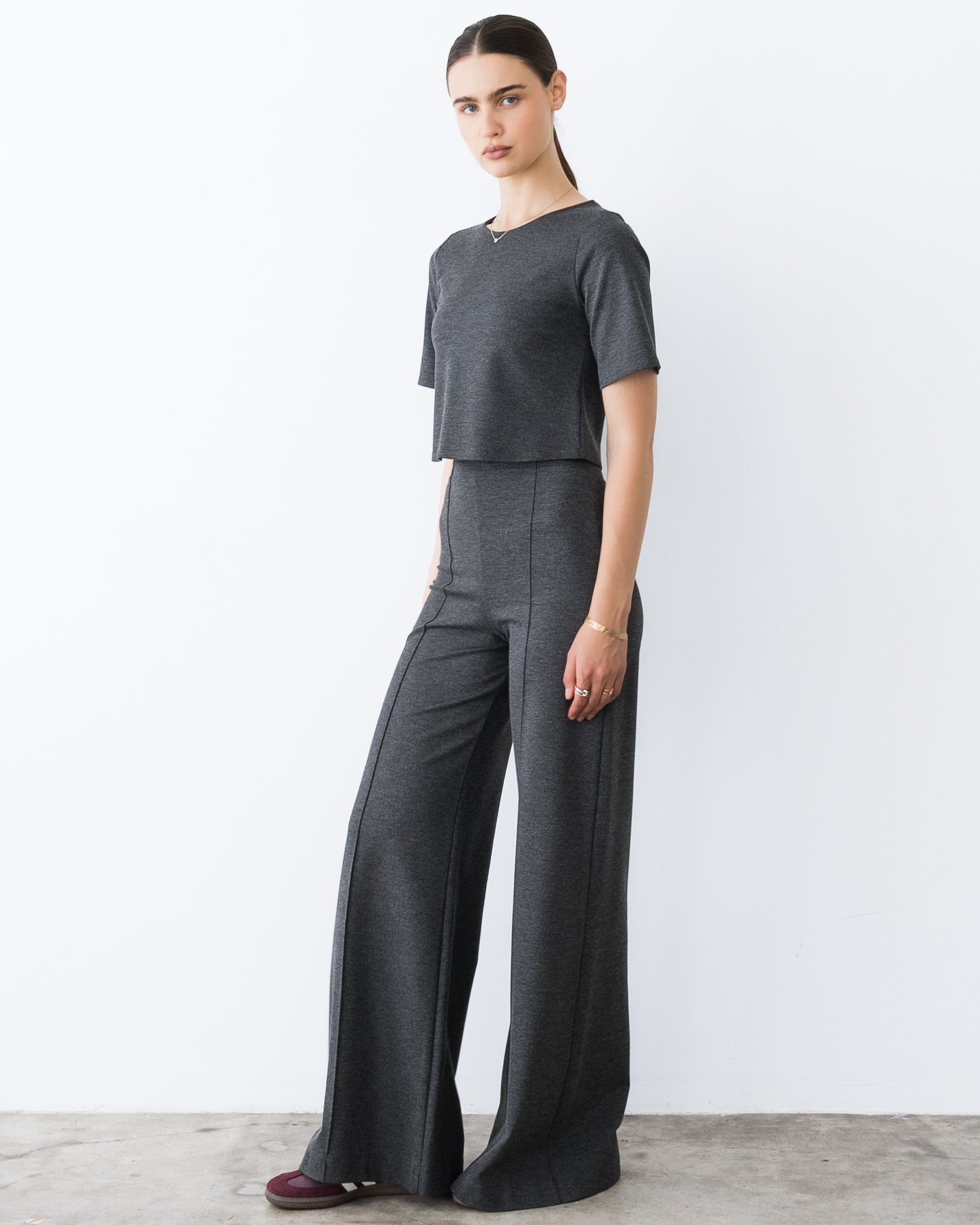 Charcoal Ponte Knit Short Sleeve Top