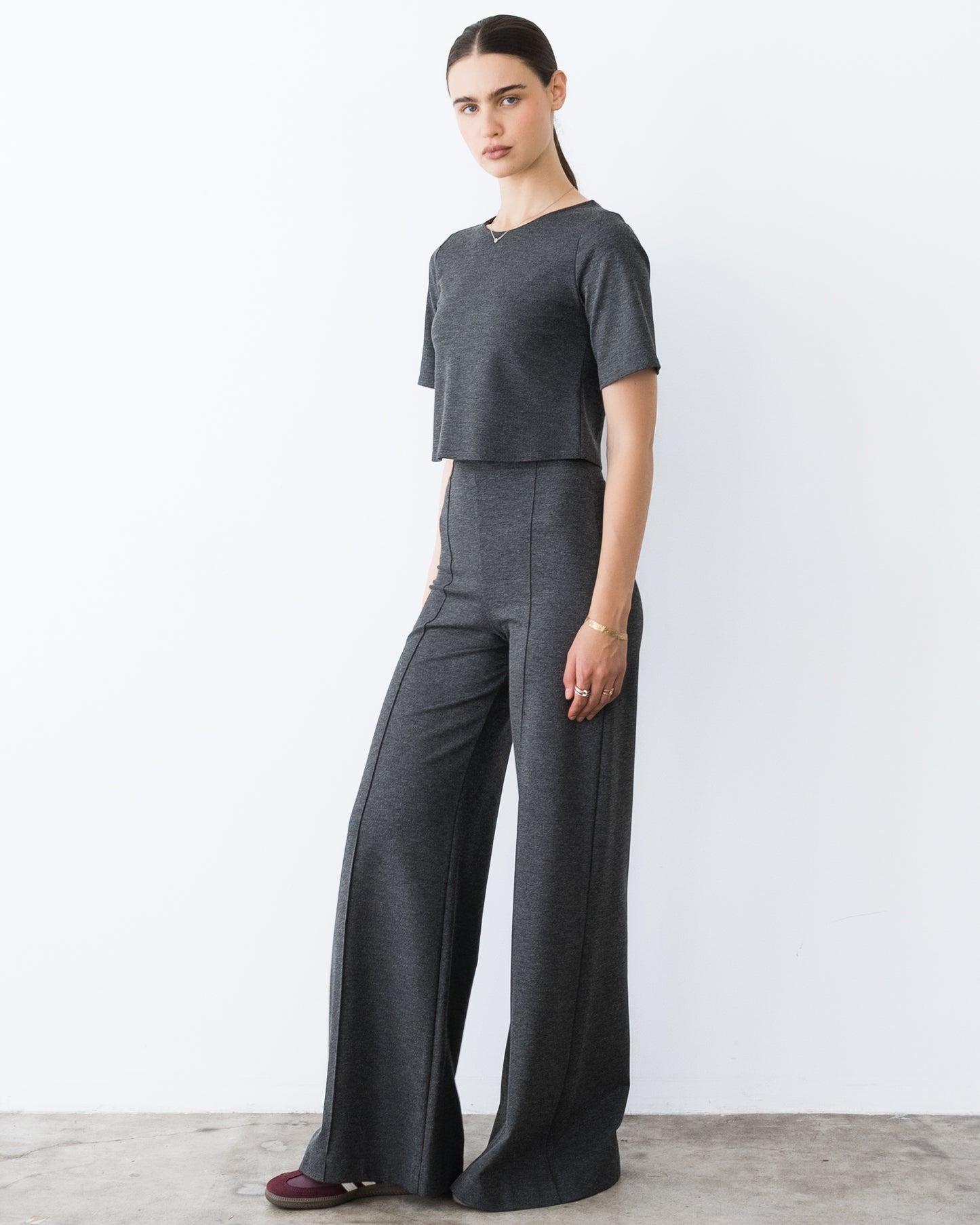 Charcoal Ponte Knit Short Sleeve Top