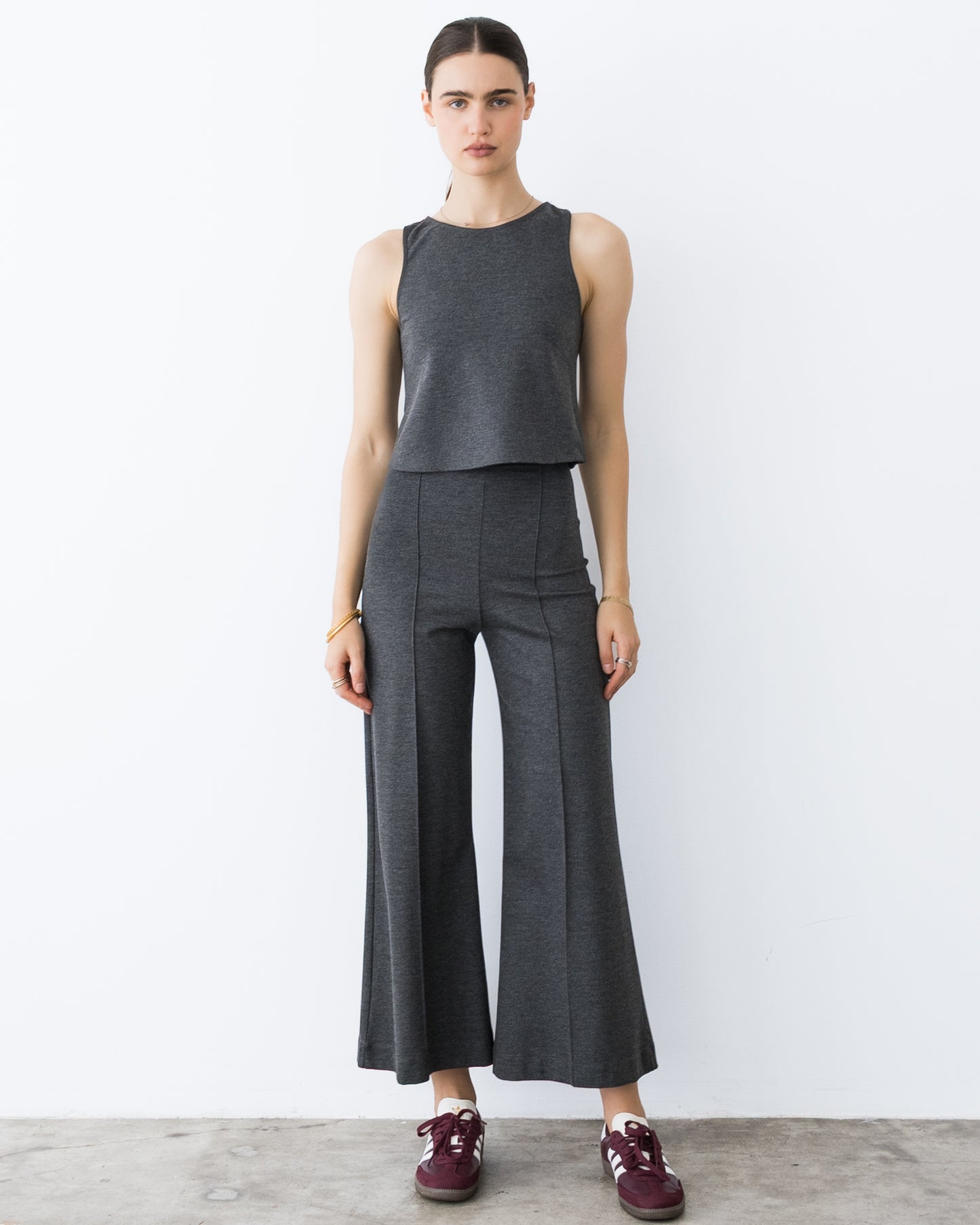 Charcoal Ponte Knit Cropped Wide Leg Pant