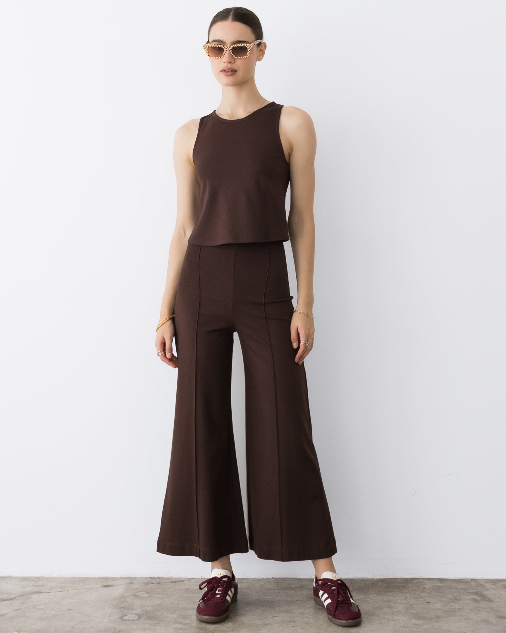 Chocolate Ponte Knit Cropped Wide Leg Pant