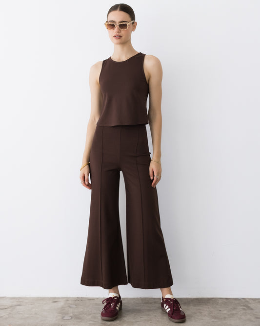 Chocolate Ponte Knit Cropped Wide Leg Pant