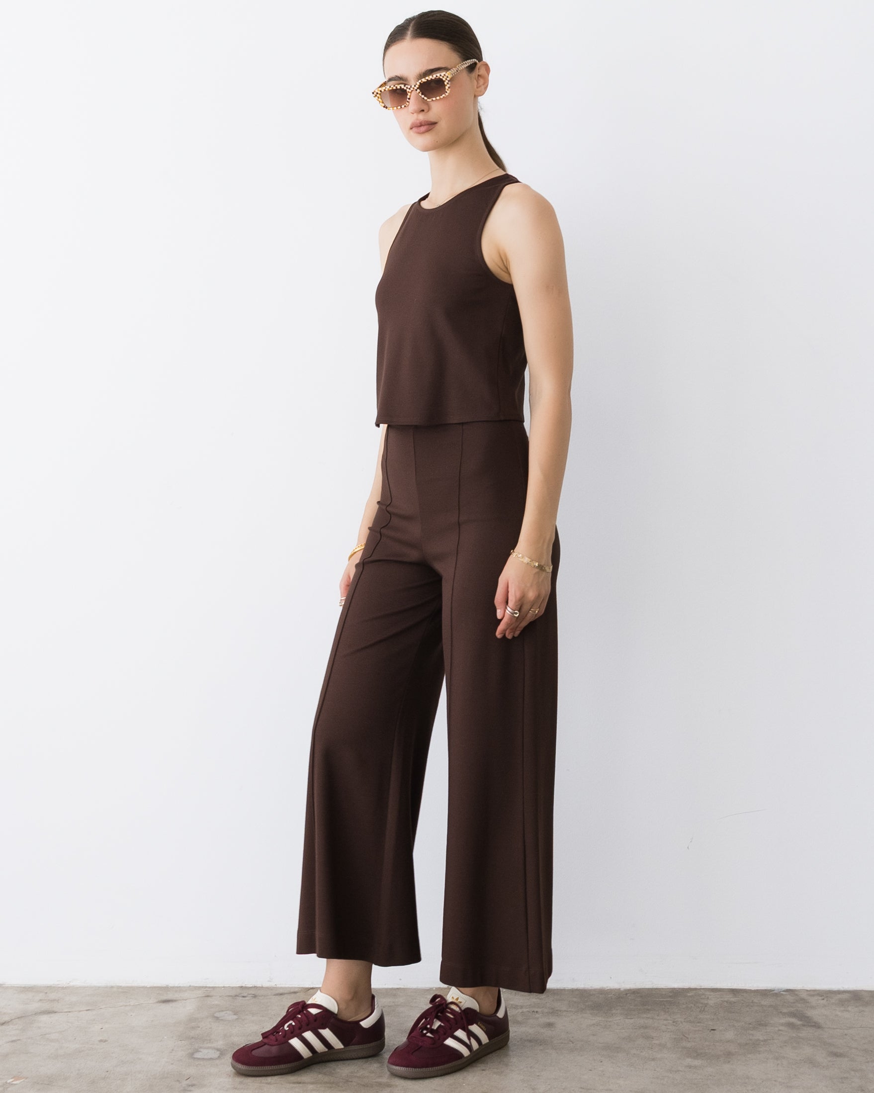 Chocolate Ponte Knit Cropped Wide Leg Pant