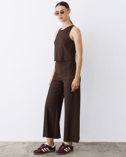 Chocolate Ponte Knit Cropped Wide Leg Pant