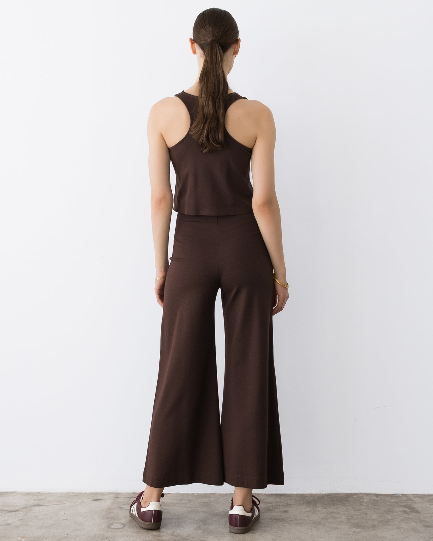 Chocolate Ponte Knit Cropped Wide Leg Pant