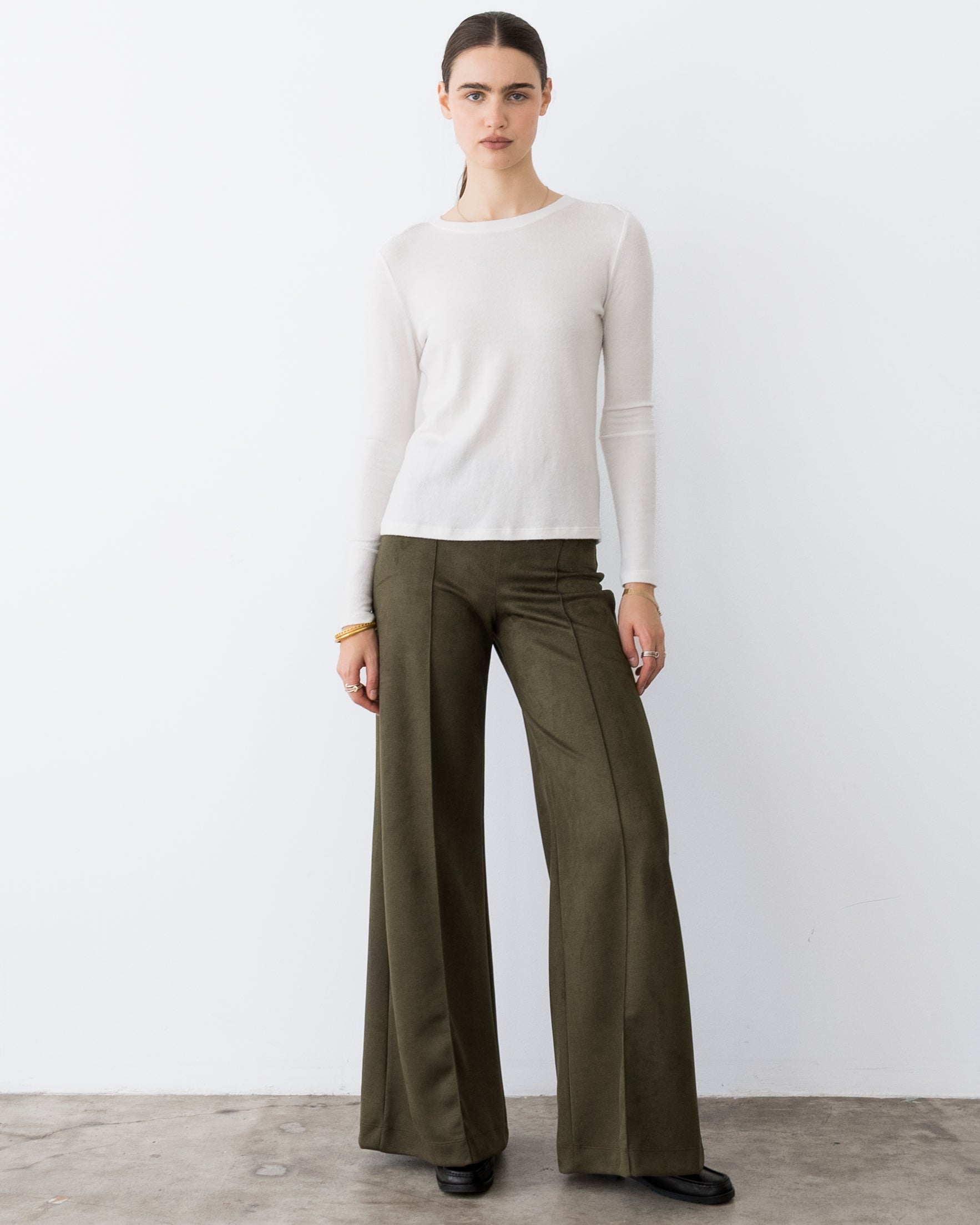 Olive Stretch Suede Standard Wide Leg Pant