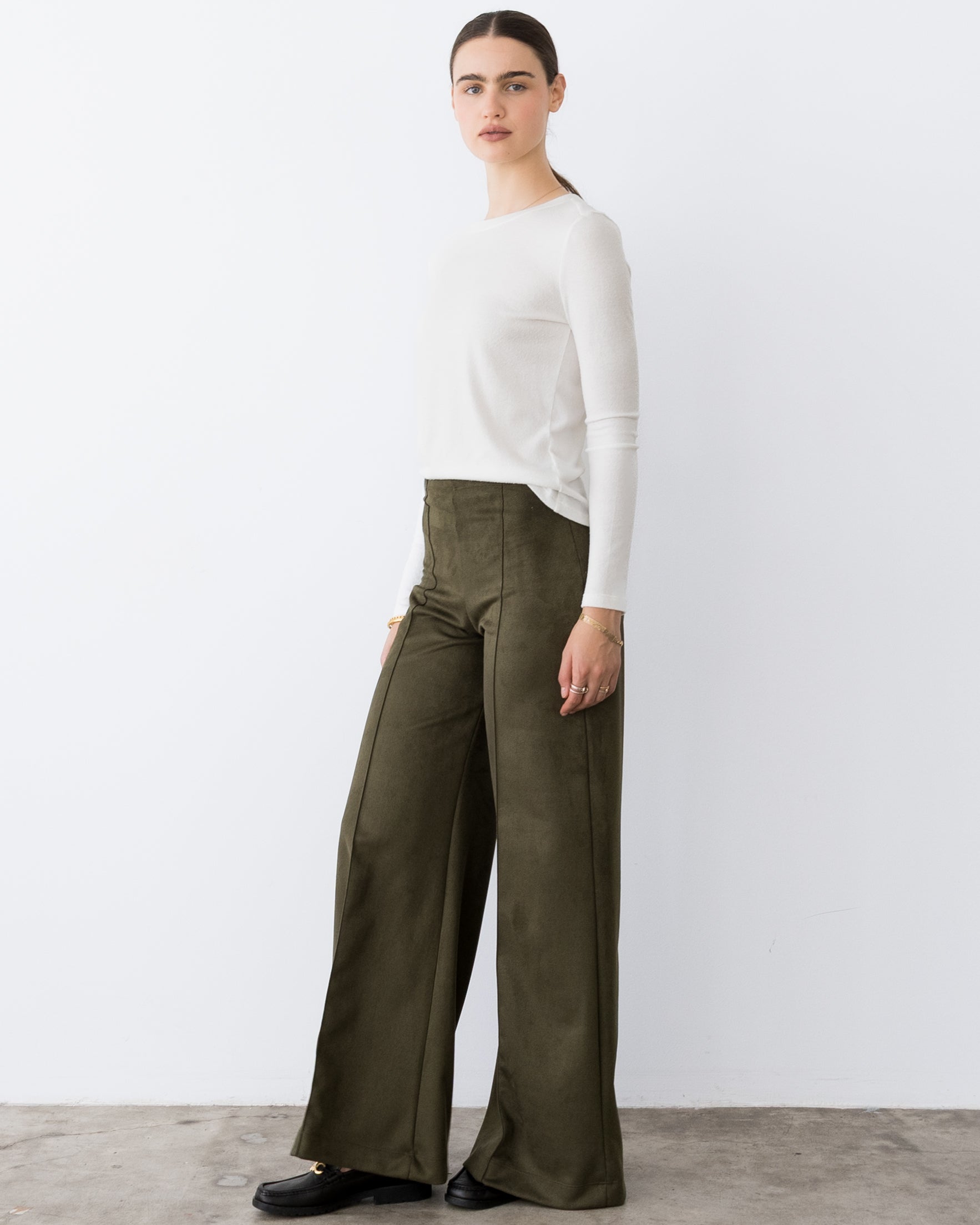 Olive Stretch Suede Standard Wide Leg Pant