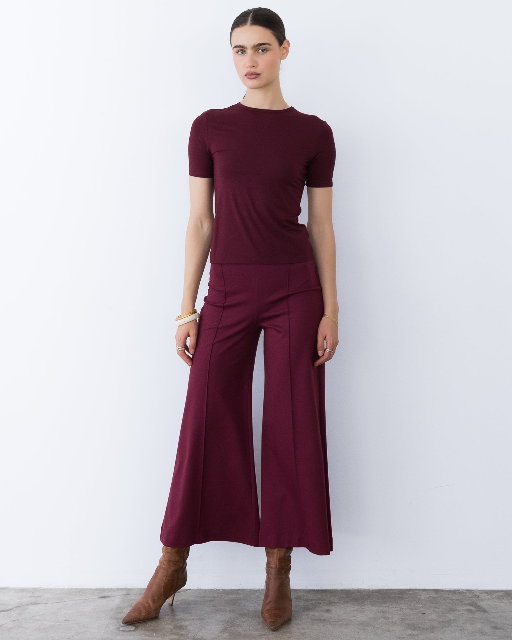 Wine Ponte Knit Cropped Wide Leg Pant
