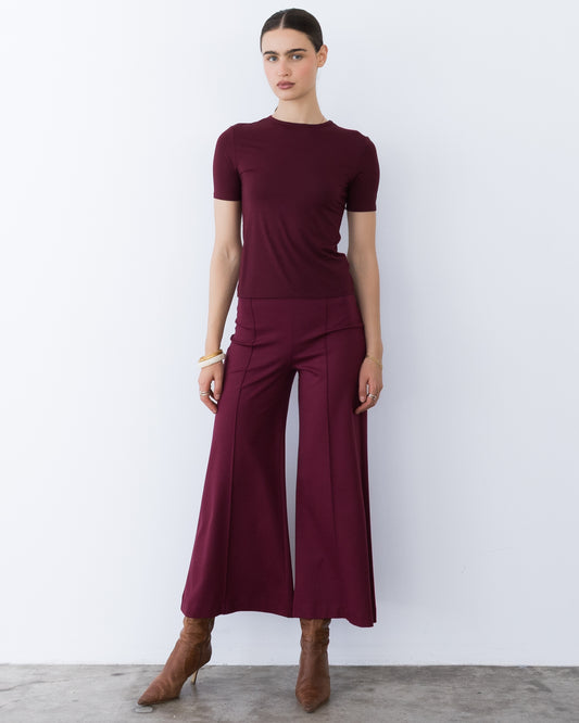 Wine Ponte Knit Cropped Wide Leg Pant