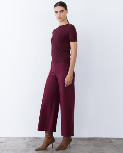Wine Ponte Knit Cropped Wide Leg Pant