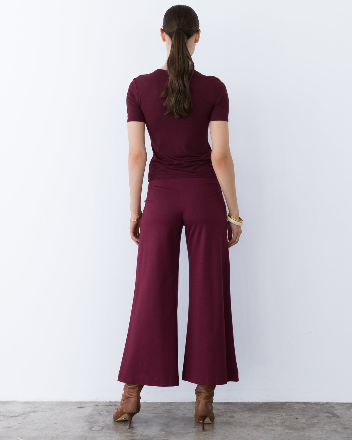 Wine Ponte Knit Cropped Wide Leg Pant