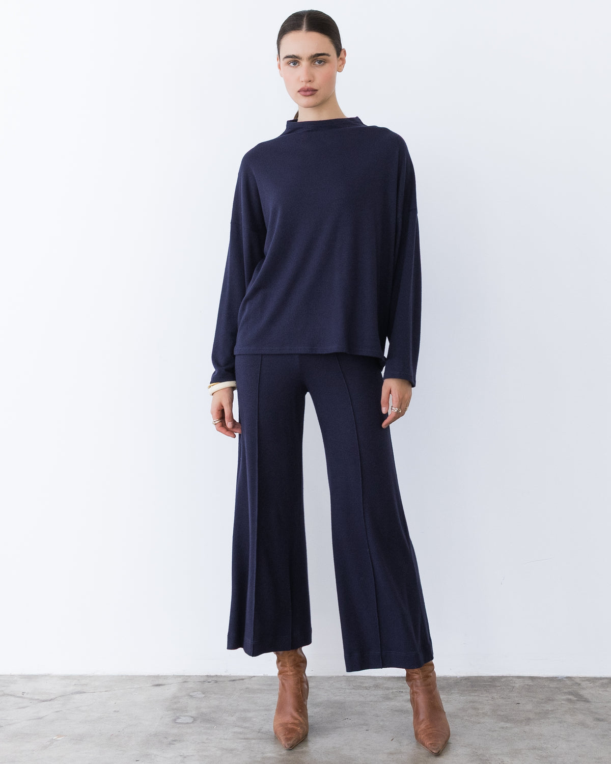 Navy Sweater Knit Cropped Wide Leg Pant