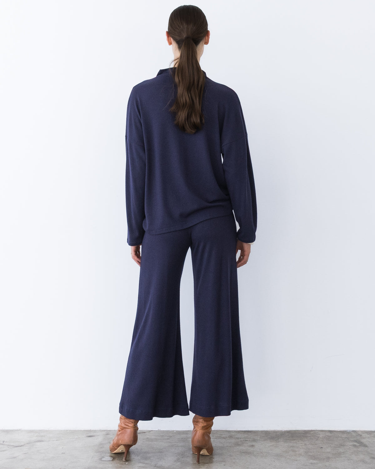 Navy Sweater Knit Funnel Neck Top