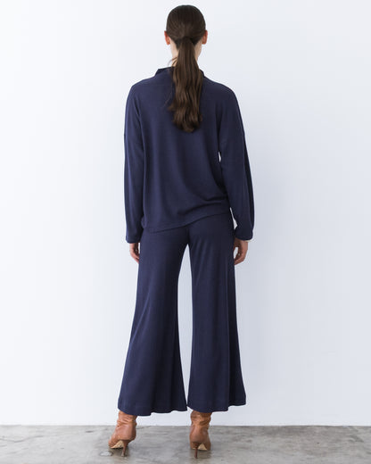 Navy Sweater Knit Funnel Neck Top