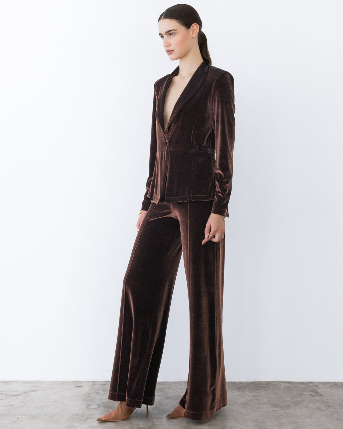 Chocolate Stretch Velvet Fitted Blazer