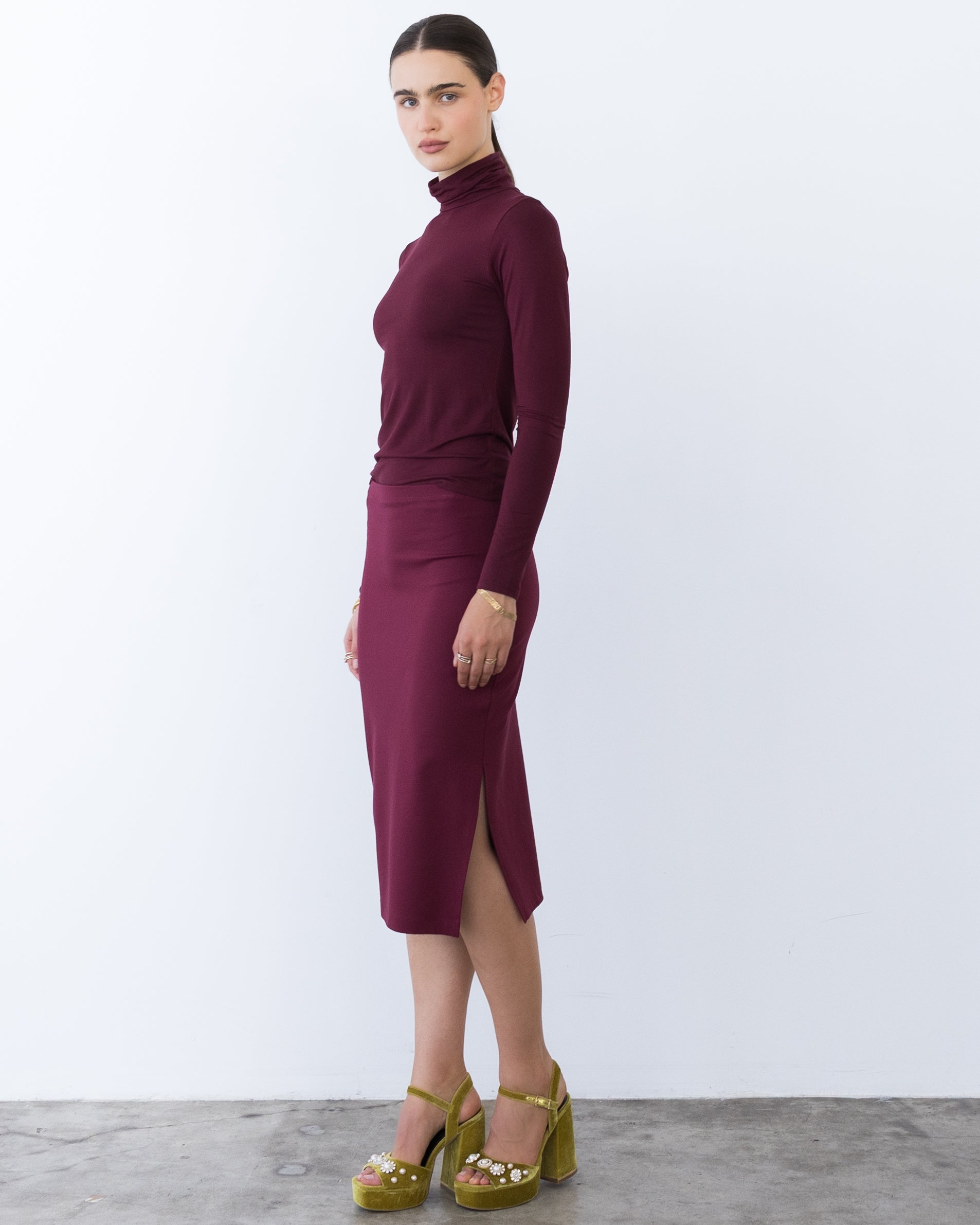 Wine Ponte Knit Pencil Skirt