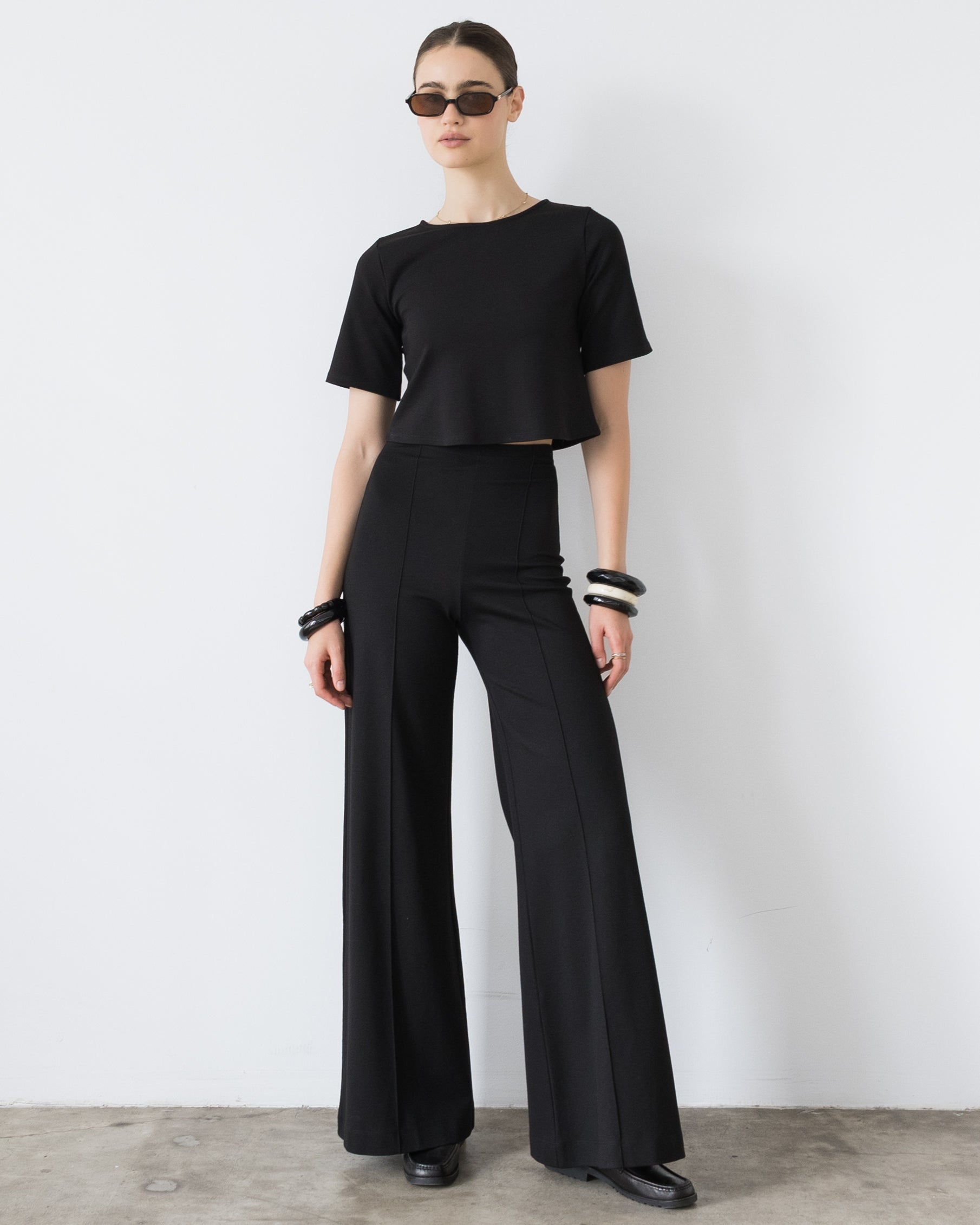 Black Ponte Knit Long Wide Leg Pant