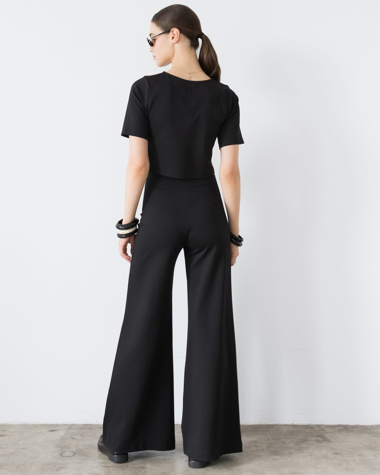 Black Ponte Knit Long Wide Leg Pant
